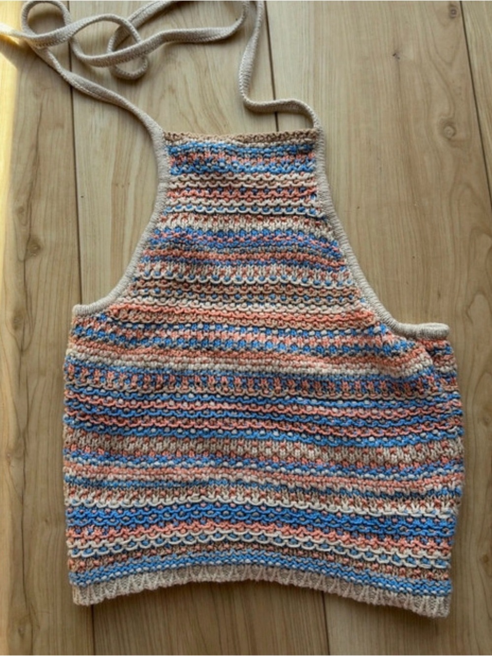 American Eagle Outfitters Peach & Blue Striped Crochet Halter Crop Top